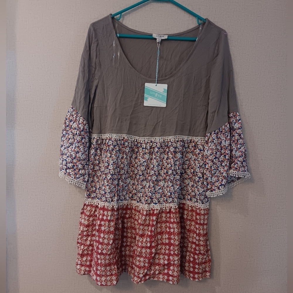 Umgee Gray Tunic Floral Mini Dress Sz M New
